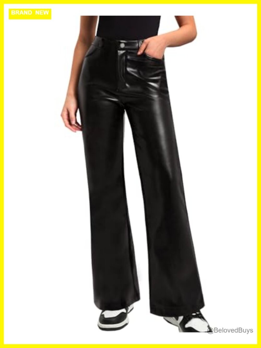Faux Leather High Waisted Flare Leggings with Pockets
